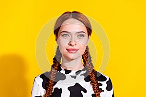Photo of cheerful positive good mood lady dressed cowskin top smiling isolated yellow color background photo