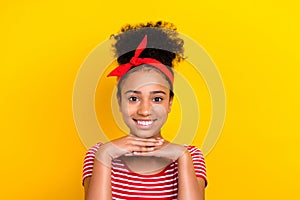 Photo of cheerful positive lady wear striped red t-shirt arms chin smiling isolated yellow color background