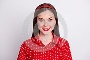 Photo of cheerful pretty lady toothy beaming smile look camera wear red dotted retro blouse isolated grey color