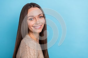 Photo of cheerful sincere pretty nice lady toothy beaming smile wear beige pullover isolated blue color background