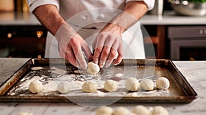 A photo of a chefs hands rolling small particleshaped dough balls onto a baking sheet