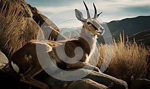 photo of chiru Panthalops hodgsoni also called Tibetan antelope lying on a rock with mountains in the background. Generative AI