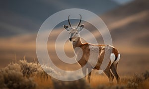 Photo of chiru Panthalops hodgsoni also called Tibetan antelope standing gracefully on the Tibetan Plateau vast and open landscape