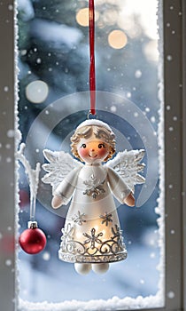 Photo Of Christmas Angel Ornament Beside A Snowy Windo. Generative AI