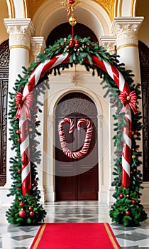 Photo Of Christmas Candy Cane Arch With Hanging Mistletoe And Ornaments In The Entrance Of A Grand Palac. Generative AI