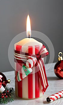 Photo Of Christmas Candy Cane Striped Candl. Generative AI