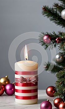 Photo Of Christmas Candy Cane Striped Candl. Generative AI