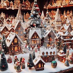 photo of Christmas decoration for sale on advent market. Decorative miniature city houses. hand made. new year tree figures