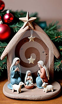Photo Of Christmas Handmade Clay Nativity Scen. Generative AI