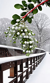 Photo Of Christmas Mistletoe Hanging From A Snowy Bridge. Generative AI