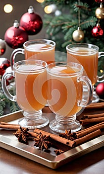 Photo Of Christmas Mugs Of Spiced Cider On A Tra. Generative AI