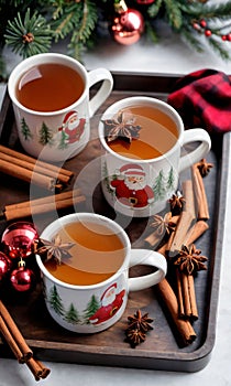 Photo Of Christmas Mugs Of Spiced Cider On A Tra. Generative AI