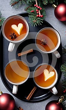 Photo Of Christmas Mugs Of Spiced Cider On A Tra. Generative AI