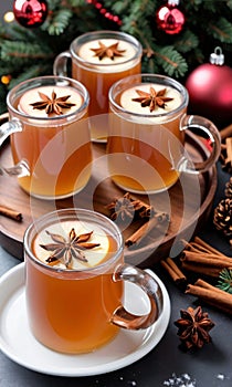 Photo Of Christmas Mugs Of Spiced Cider On A Tray. Generative AI
