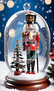 Photo Of Christmas Nutcracker Standing Next To A Snow Glob. Generative AI