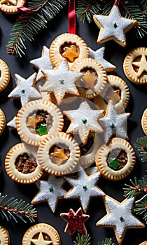 Photo Of Christmas Pine Tree Adorned With Mince Pies, Tinsel, And Star-Shaped Cookies. Generative AI