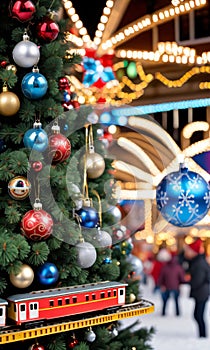 Photo Of Christmas Pine Tree Adorned With Toy Trains, Baubles, And Jingle Bells Against A Backdrop Of A Winter Carn. Generative AI