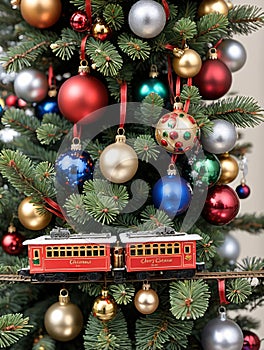 Photo Of Christmas Pine Tree Adorned With Toy Trains, Baubles, And Jingle Bells. Generative AI