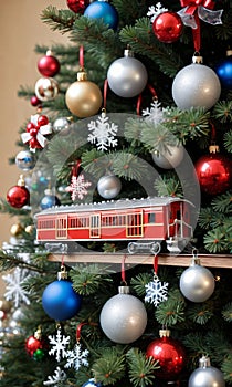 Photo Of Christmas Pine Tree Adorned With Toy Trains, Baubles, And Snowflake. Generative AI