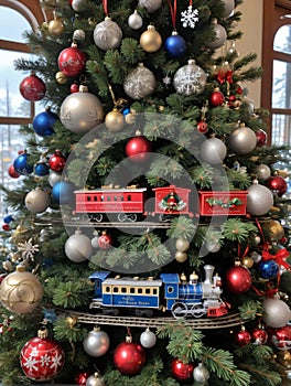 Photo Of Christmas Pine Tree Adorned With Toy Trains, Baubles, And Snowflakes. Generative AI