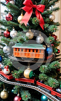 Photo Of Christmas Pine Tree Adorned With Toy Trains. Generative AI
