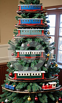 Photo Of Christmas Pine Tree Adorned With Toy Trains. Generative AI