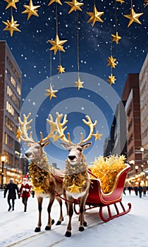 Photo Of Christmas Reindeer Pulling A Sleigh Filled With Golden Stars And Tinsel Over A City Skylin. Generative AI