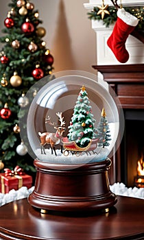 Photo Of Christmas Snow Globe With A Christmas Tree, Sleigh, And Reindeer Inside, Placed On A Mahogany Table Beside. Generative AI