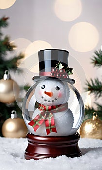 Photo Of Christmas Snowman Wearing A Ribbon Bow Holding A Glass Snow Glob. Generative AI