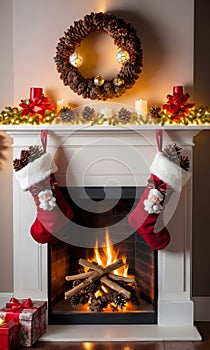 Photo Of Christmas Stockings Filled With Pinecones Beside A Glowing Fireplac. Generative AI