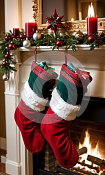 Photo Of Christmas Stockings Hanging By The Fireplac. Generative AI