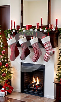 Photo Of Christmas Stockings Hanging By The Fireplac. Generative AI