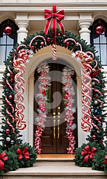 Photo Of Christmas Wreath Made Of Candy Canes, Tinsel, And Baubles Hanging On The Entrance Of A Grand Mansio. Generative AI