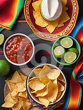 Photo Of Cincodemayo Celebration Concept, Top View Photo Of Nacho Chips Salsa Sauce Chilli Tequila With Salt Lime S. Generative AI