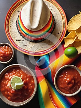 Photo Of Cincodemayo Celebration Concept, Top View Photo Of Nacho Chips Salsa Sauce Chilli Tequila With Salt Lime S. Generative AI