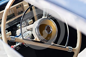 Photo close-up of elements of the interior of the car Packard 180. Retro-car. Classics of the automotive industry.