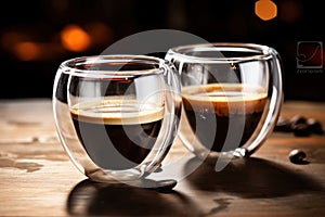 Photo of a close-up view of two steaming cups of freshly brewed coffee on a wooden table