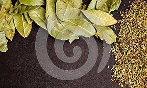 Photo of closeup green texture of bay leaf on black background, top view, copy space