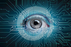 Photo Closeup human eye with circuit board technology concept, symbolizing human machine integration