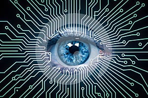 Photo Closeup human eye with circuit board technology concept, symbolizing human machine integration
