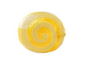 Photo of closeup ripe yellow lemon isolated on white background