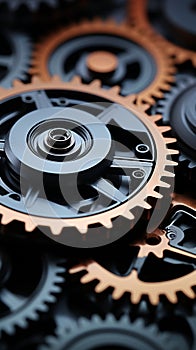 Photo Closeup view of rotating gears, 3D printed marvel, metal precision displayed