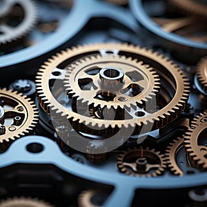 Photo Closeup view of rotating gears, 3D printed marvel, metal precision displayed