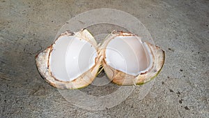 Photo of a coconut split in half