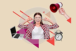 Photo collage annoyed irritated young girl closed ears loudspeaker announcement laptop pc time clock alarm drawing