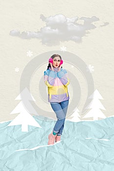 Photo collage artwork of funky excited lady waiting christmas time coming isolated creative background