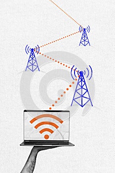 Photo collage artwork minimal picture of arm holding modern device sharing wifi connection isolated graphical background