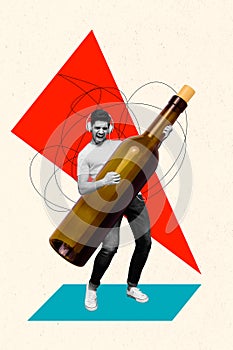 Photo collage artwork minimal picture of funky cool man playing wine bottle guitar isolated graphical background