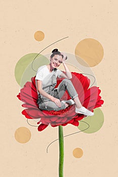 Photo collage artwork minimal picture of happy charming lady sitting inside big red flower  drawing background