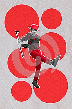 Photo collage artwork minimal picture of happy smiling pin up guy dancing having fun isolated drawing background